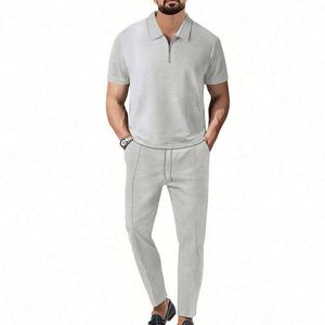 Nouvel ensemble décontracté 2 pièces pour homme : chemise à revers et pantalon en molleton respirant polyester/coton, couleur unie avec cordon de serrage - Product Image 5