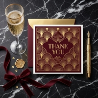 Cartes de remerciement Art Déco Gatsby Or Bourgogne, personnalisables en gros avec logo OEM ODM, luxe, pour événements des années 20, avec insert d'emballage