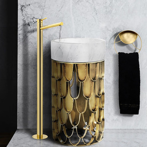 Lavabo de pilar de mármol de arte minimalista moderno Villa de lujo Diseño de gama alta Baño Lavabo de acero inoxidable - Product Image 5