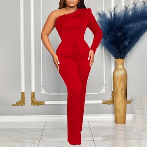 Ensemble deux pièces pour femmes, épaules dénudées, orné de perles, taille plus, couleur noire unie, costume décontracté, style Europe, Amérique, Afrique, tailles S, M, L, XL, XXL, XXXL - Product Image 4