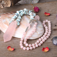 Pembe kristal gül kuvars Mala kolye kadınlar için takı, şifa Larimar çip boncuk düğüm kolye hediye