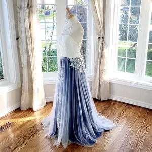 Kdg-vestido de novia sin espalda, tela de tul modesto, encaje Azul, Blanco, personalizado, cualquier Color, talla grande, sin hombros