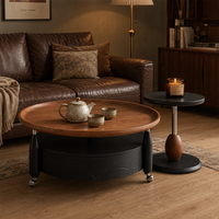 Table basse ronde moderne avec plateau en bois grainé et base tambour à roulettes pour salon, appartement, hôtel, intérieur