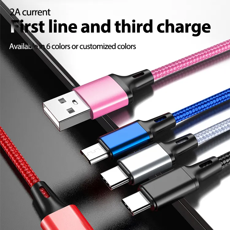 Câble de charge 3 en 1 tressé en nylon Usb vers Type C Micro 8 broches pour chargeur de téléphone portable Câbles Usb de charge