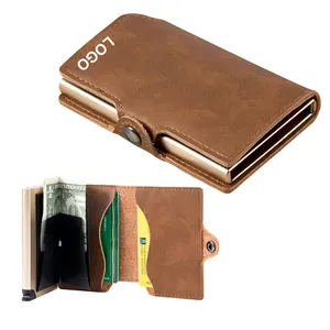 Tarjetero personalizado delgado para hombre, billetera de aluminio pop-up de cuero PU para tarjetas de crédito de seguridad, con soporte para tarjetas