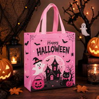 Sac fourre-tout personnalisé en non-tissé pour Halloween, motif château fantôme rose, sac cadeau pour bonbons de la fête d'Halloween, sac réutilisable pour friandises de fête d'Halloween