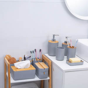 Ensemble de rideau de douche en fibre de bambou <span class=keywords><strong>pour</strong></span> salle de bain, 6 pièces, porte-savon en plastique, poubelle, shampoing, bouteille, accessoires de salle de bain - Product Image 4