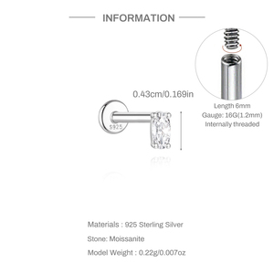 Clásico Piercing Plano de Plata S925 con Moissanita Solitaria Ovalada en Forma de Huevo para Cartílago, Tragus y Lóbulo - Product Image 6