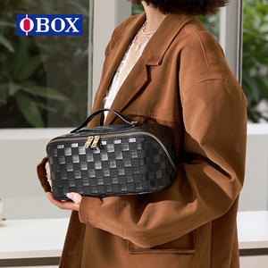 Trousse de maquillage OBOX à carreaux, grande capacité, portable, avec poignée souple, motif écossais marron et noir - Product Image 5