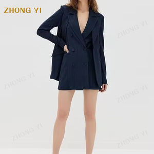 Groothandel Vrouwen Streep Ponte Mouwloze V-Hals Blazer Jurk Kraag Hals Piek Revers Double Breasted Knoopsluiting Pak - Product Image 1