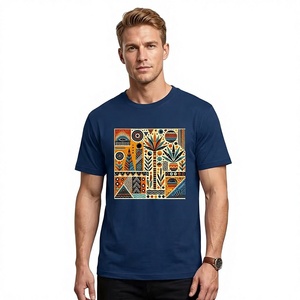<b>Men's</b> <b>Navy</b> <b>Blue</b> Geometric Pattern Short Sleeve T-<b>Shirt</b> O-Neck Printed Tee 180 Grams Front Logo 100% Cotton Regular Fit Casual - Product Image 1