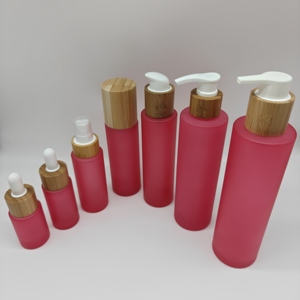 Flacon en verre <span class=keywords><strong>rouge</strong></span> givré avec pompe pulvérisateur compte-gouttes en bambou, 20 ml, 30 ml, 50 ml, 100 ml, 120 ml, 150 ml, 200 ml - Product Image 3