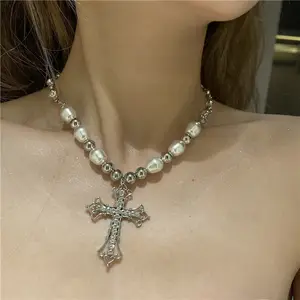 Vintage minimalist ische Bling Cross Anhänger Halsketten für Frauen Schmuck Goth Pearl Halskette