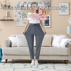 Pantalon décontracté pour femme à taille mi-haute avec cordon élastique, couleur unie, longueur intégrale, idéal pour le printemps - Product Image 2