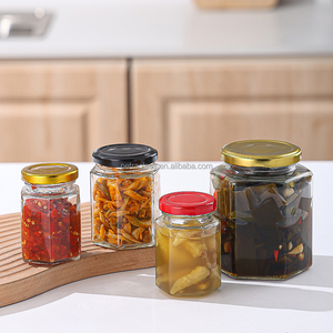 100ml 150ml 180ml 220ml 250ml 280ml 380ml 500ml 750ml Bouteille de <span class=keywords><strong>confiture</strong></span> de stockage hexagonale transparente pour aliments avec couvercle <span class=keywords><strong>en</strong></span> fer blanc - Product Image 3