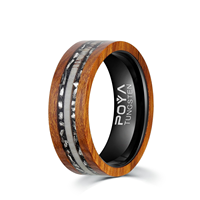 Cincin kayu barrel wiski dengan lapisan tungsten 8mm, inlay tanduk rusa dan meteorit, set cincin kawin/tunangan untuk pasangan.