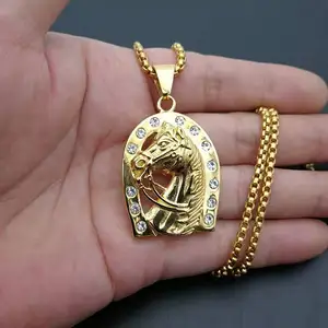 Hiphop jewelry 316L stainless steel gold plated diamond-studded Retro horse head pendant pendant