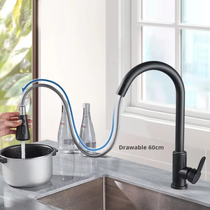 Robinet <span class=keywords><strong>de</strong></span> cuisine en acier inoxydable avec douchette extractible, mitigeur monocommande noir mat à arc haute, pivotant à 360° - Product Image 5