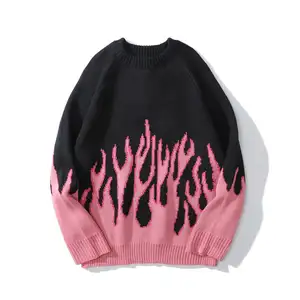 Venta al por mayor de fábrica de impresión Flame Sweater Lovers Hip-Hop Loose Oversize