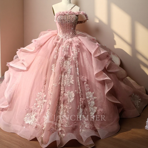 Gaun Pesta Pink Off Shoulder Big Train <span class=keywords><strong>Prom</strong></span> Tiered Vestidos De 15 Formal Princess Ball Gown Sweet 16 Quinceanera Lsmc24-2 - Product Image 1