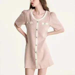 Mini robe en Tweed à manches courtes et col en V pour femmes, vente en gros