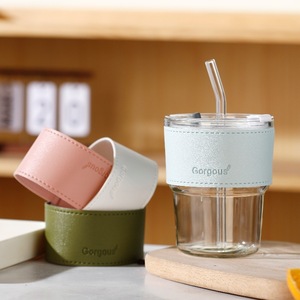 Taza de café de vidrio con cubierta de cuero multicolor y logotipo personalizado, taza de café de 15 Oz, taza de bebida de vidrio aislada con pajita y <span class=keywords><strong>tapa</strong></span> - Product Image 1