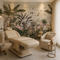Papier peint botanique vintage tropical avec flamants roses, feuilles de palmier et oiseaux pour la décoration de salons de beauté, hôtels et restaurants