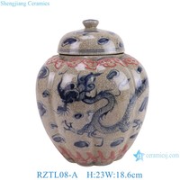RZTL08-A/RZTL08-B/RZTL06-A Style Antique bleu et blanc fendu dragon caractère poisson motif glaçure rouge pot à couvercle en céramique