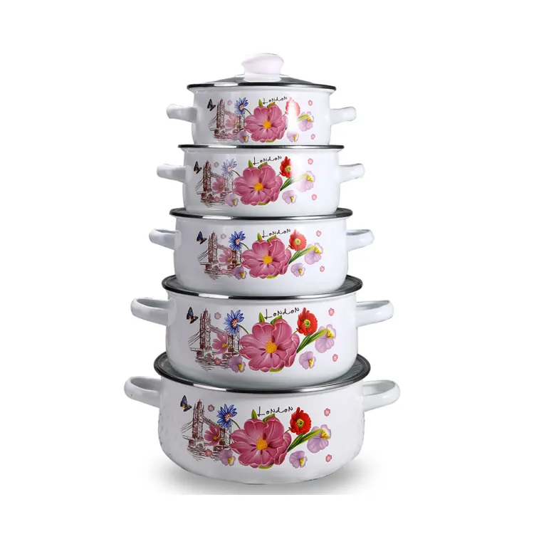 Hot Bán Đen Dưới 5 Cái Glass Nắp Flower Pattern Men Soong Lẩu Cookware Set