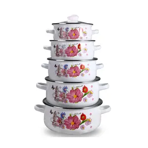 Ensemble de casseroles en émail Offre Spéciale et fond noir, 5 pièces, couvercle en verre, motif floral, marmite chaude