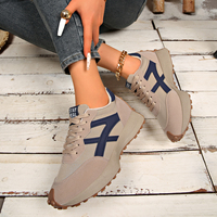 Baskets décontractées pour femmes, beige et bleu marine, patchwork, à lacets, plateforme, semelle épaisse, légères, rétro, pour la marche quotidienne et le sport
