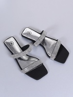 Sandales plates à strass pour femmes, noires et argentées, à deux brides, pour les occasions décontractées, les fêtes et la plage