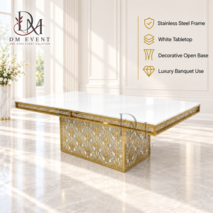 Mesa de Comedor Rectangular de Acero Inoxidable Dorado de Lujo con Tapa Blanca y Base de Pedestal Art Deco para Banquetes de Boda - Product Image 1
