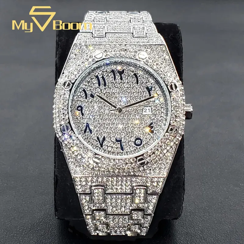 Iced out Bling kim cương xem với đầy đủ Zircon tùy chỉnh vàng bạc trang sức sang trọng cho nam giới phụ nữ không thấm nước thạch anh Đồng hồ