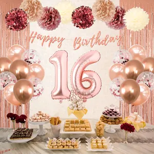 Nicro-globos de confeti de cumpleaños para niña y mujer, suministros de fiesta, decoraciones de boda, tema oro rosa 16. °, venta al por mayor