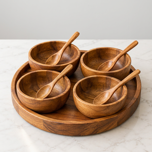 Juego de Tazones Redondos de Madera de Olivo, Bandeja y Cucharas, 4 Piezas, Ecológico, Duradero, Apto para Lavavajillas, Vajilla Premium, Venta al Por Mayor Personalizada - Product Image 2