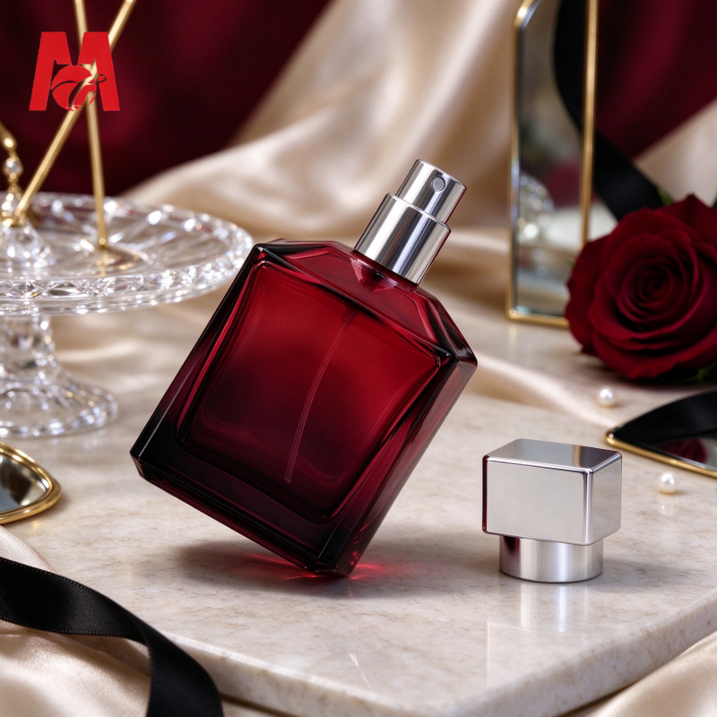 Custom 50ml Square Glass Perfume Bottle with Silver Cap Red Beveled ...