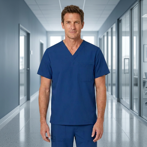 Men's Blue V-Neck <b>Scrub</b> <b>Top</b> Woven Spandex Hospital Uniforms Medical Use Needle Detection Seamless Fusing Custom Embroidered - Product Image 3