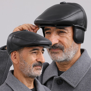 PU Front <b>Cap</b> Men's <b>Winter</b> Warm Fleece Lined Ear Protection Hat Black Middle Aged Elderly Hats - Product Image 1