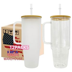 12 packs de mugs en verre givré transparent de 40 oz pour sublimation avec couvercle en bambou et wraps UV DTF pour impression par transfert thermique - Product Image 1