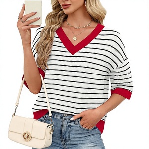 <span class=keywords><strong>Pull</strong></span> en tricot crocheté surdimensionné WIHOLL pour femme, manches 3/4, style coréen, motif rayé, longueur courte, <span class=keywords><strong>col</strong></span> en <span class=keywords><strong>V</strong></span>, pour la mode d'automne - Product Image 1