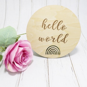 Hello World Rainbow Newborn Annonce Sign Plaque de statistiques de naissance <span class=keywords><strong>en</strong></span> bois avec motif gravé - Product Image 3