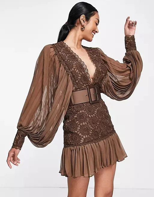 High quality stylish lace mini dress with pleated sleeve and hem with satin belt