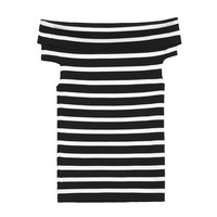 Camiseta de punto elegante de manga corta con hombros descubiertos y rayas en contraste para mujer, ideal para el verano y el día a día, con ajuste ceñido y bajo MOQ.