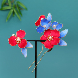 Nouvelle Épingle à Cheveux Style Antique 2025 au Design Original, Fleur Faux Cloisonné avec Fleurs Rouges et Bleues, Faite à la Main et Enroulée de Fil - Product Image 2