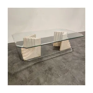 Roman travertin marmor kreative tisch basis individuelles moderne side center ende café runden platz klar glas kaffee tisch