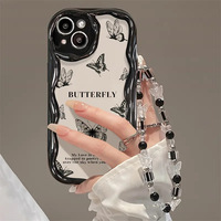 Coque de téléphone portable en TPU avec motif papillon noir et lettres, bord ondulé crème glacée, avec bracelet, pour iPhone 13 14 15 16 17 18 Pro Max