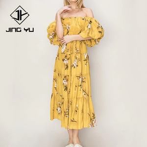 Robe maxi décontractée à manches bouffantes sans bretelles, imprimé plage, sur mesure, de haute qualité, mélange de lin et de coton doux - Product Image 1