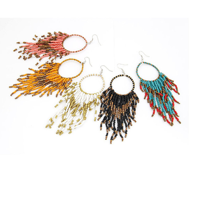 New Trendy Women Fashion Dangle Hook Hoop Drop Bohemian Indian Beads Tassel Jewelry Handmade Beaded Earrings