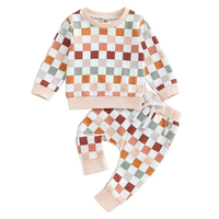 Ensemble de survêtement pour garçons en gros, imprimé à carreaux rétro, pull et pantalon à cordon de serrage, élégant et confortable